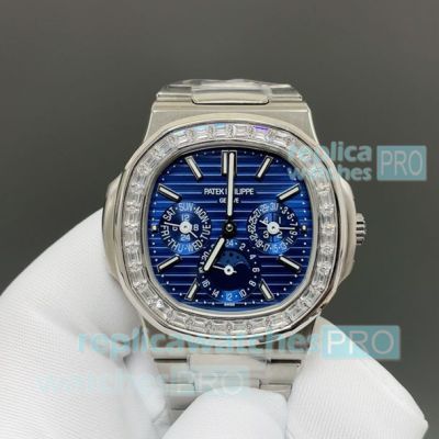 Swiss Replica Patek Philippe Nautilus 5740 Annual Calendar Blue Dial Diamond Steel Watch 